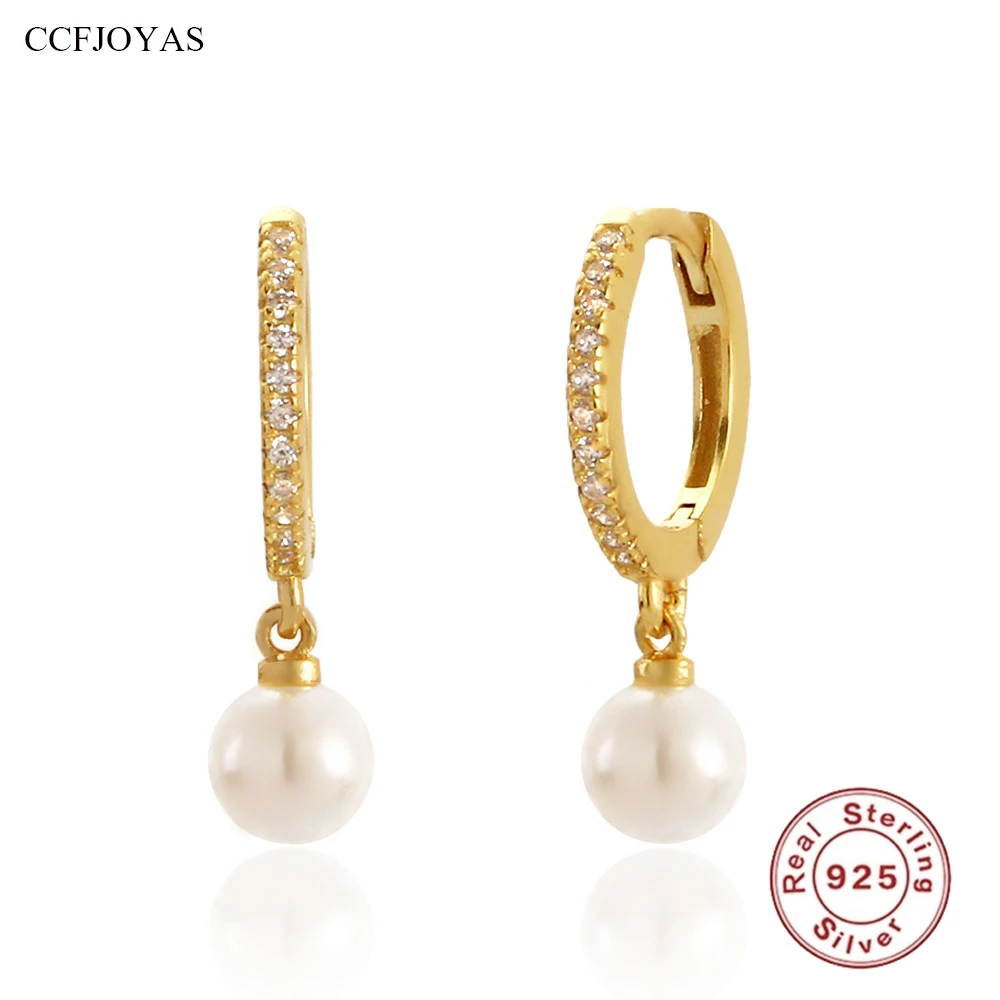 

CCFJOYAS 925 Sterling Silver Round Pearl Hoop Earrings for Women Simple INS 18K Gold Plated Stacked Earrings Fine Jewelry Gift