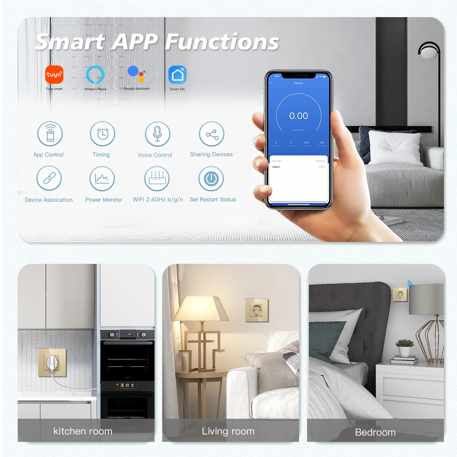 BSEED Wall Socket Wifi EU Standard 86*86mm Smart Power Monitor Sockets WIFI Socket Google Alexa APP Control