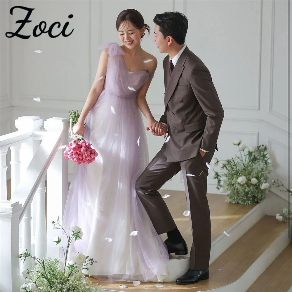 

Zoci Simple Purple One Shoulder Evening Dress Korea Wedding Photo Shoot Sweetheart Customized Sweep Train Long Formal Party Gown