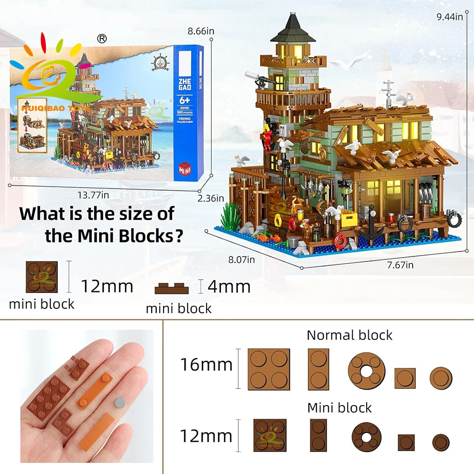 HUIQIBAO City MINI Fishing Village Cabin Micro Building Blocks DIY Fish House Pier With Liight Set Bricks Toys Children Adult