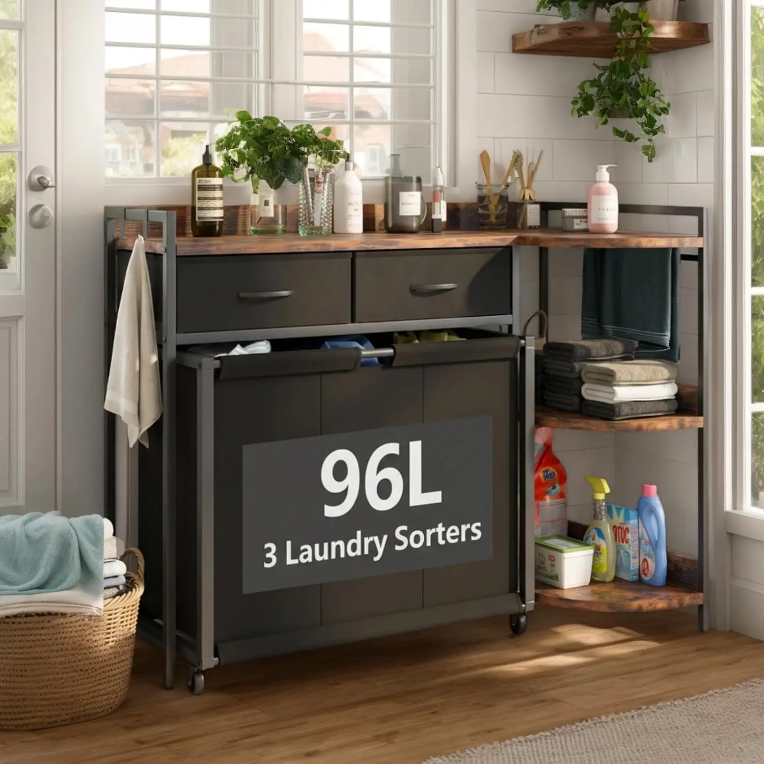 Laundry Hamper,L Shaped Laundry Basket with Large Desktop & 2 Drawers,Laundry Sorter with 3-Tier Storage Shelf and, Customized