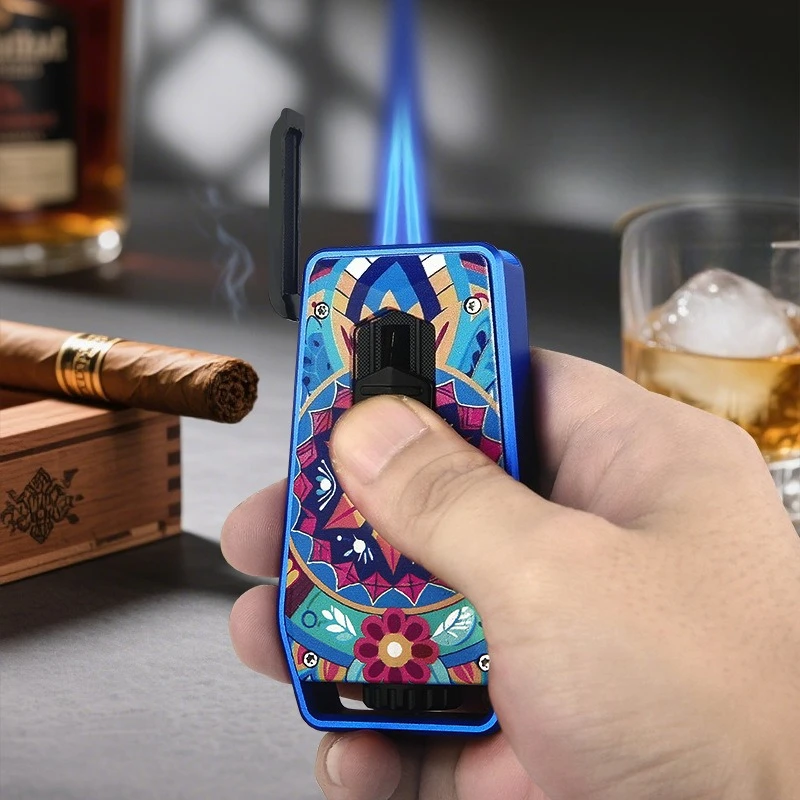 Briquet à flamme bleue en métal HONEST avec fenêtres visuelles, design de plateau à cigares portable, outil d'allumage, accessoires pour cigares, cadeau pour homme