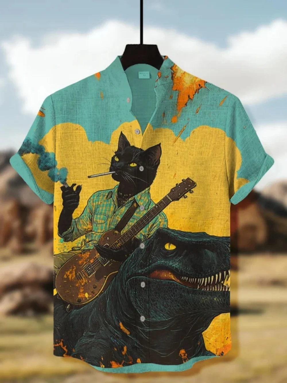 Мужская рубашка с коротким рукавом в стиле ретро в японском стиле с художественным принтом Самурайский дизайн с черным котом, повседневный кардиган с воротником-стойкой