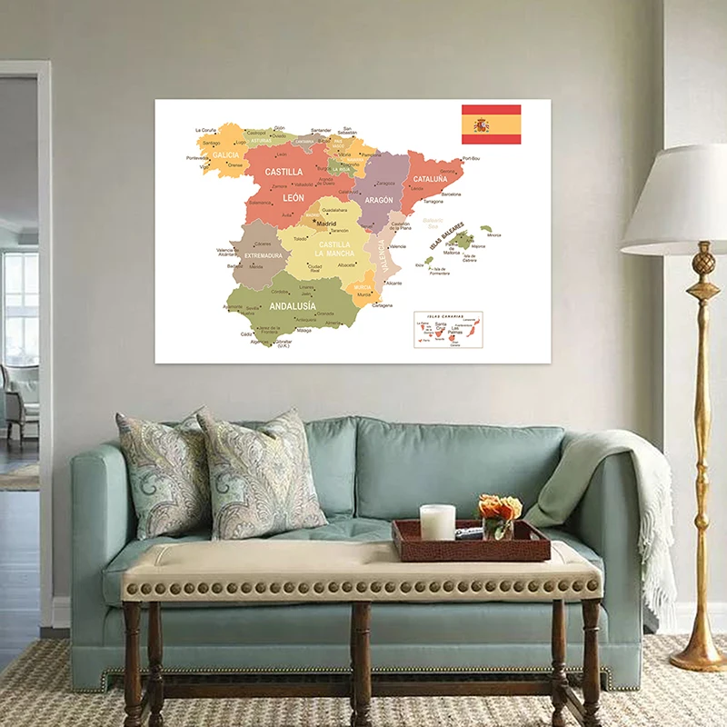 100*70Cm Lipat Semprot Peta Dunia Spanyol Gambar Seni Latar Belakang Kain Dekorasi Rumah Perlengkapan Sekolah Di Spanyol