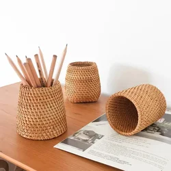 Handmade Pen Holder Hand Woven Wood Vine Rattan Stationery Container Storage Box Organizer Office School Desk Accessories Decor