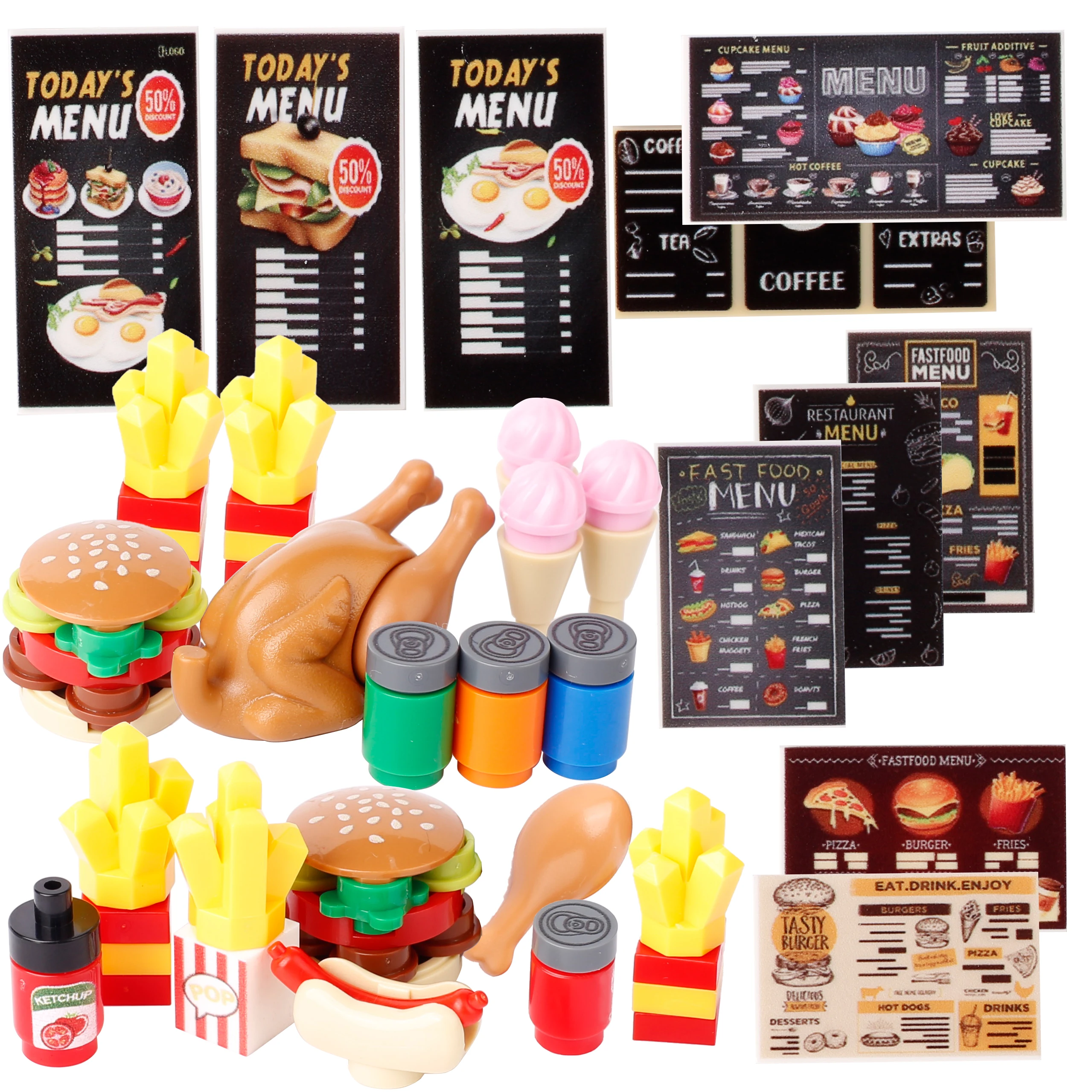 MOC Food Building Blocks Hamburg  Roast Chicken Drink Hot Dog Sauce Restaurant Menu Printed Tiles French Fries Bricks Toys Gift