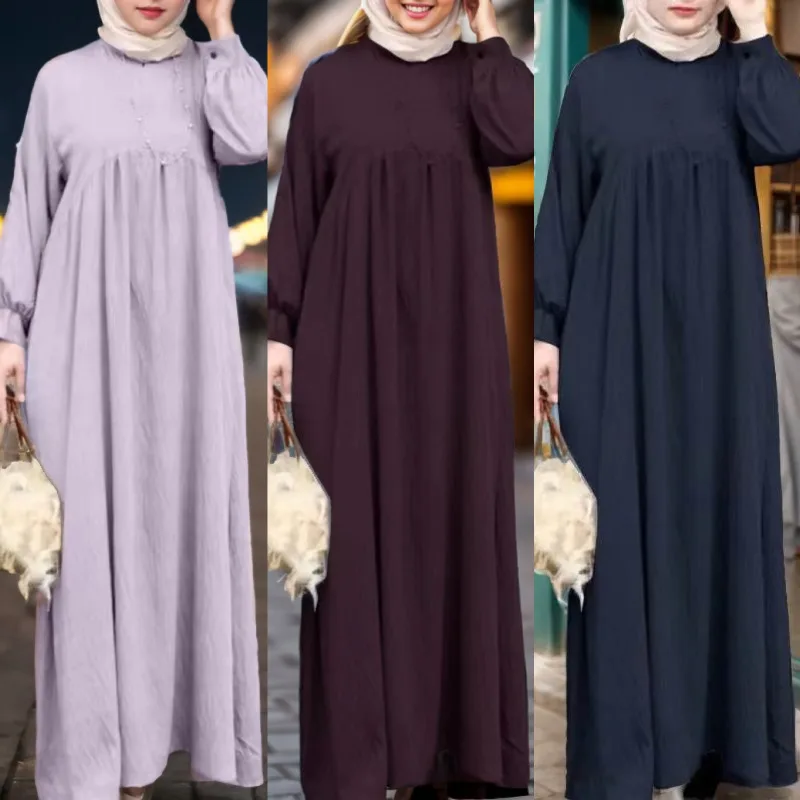 

2024 Abayat Solid Long Sleeve Loose Pullover Robe Femme Musulman Casual Long Women's Dress for Middle East Arab Türkiye