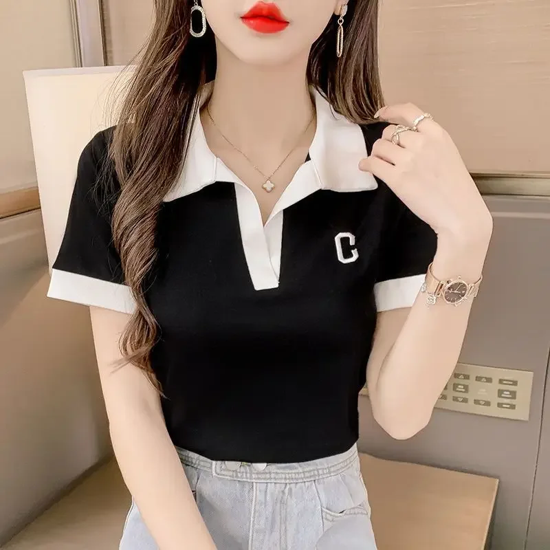 White Clothing T-shirt Woman Short Sleeve Tee Tops Black Crop Top Polo Neck Shirts For Women With Collar Offer Trend Popular V