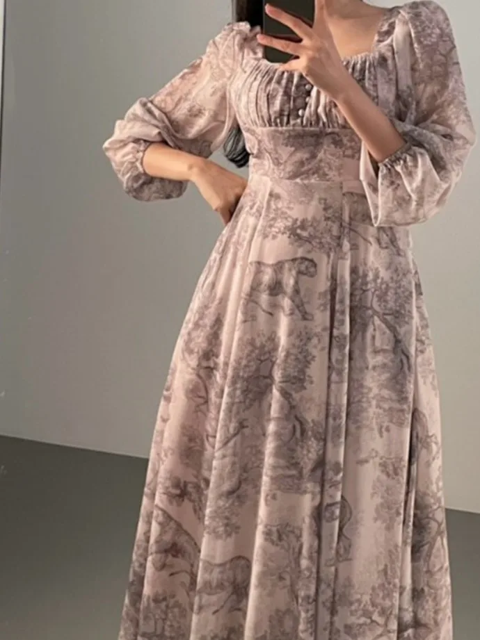 East Gate Ins Retro Padrão Abstrato Vestido Longo F Senhorilhante Manga Sino Vestido Estampado Floral Primavera Outono...