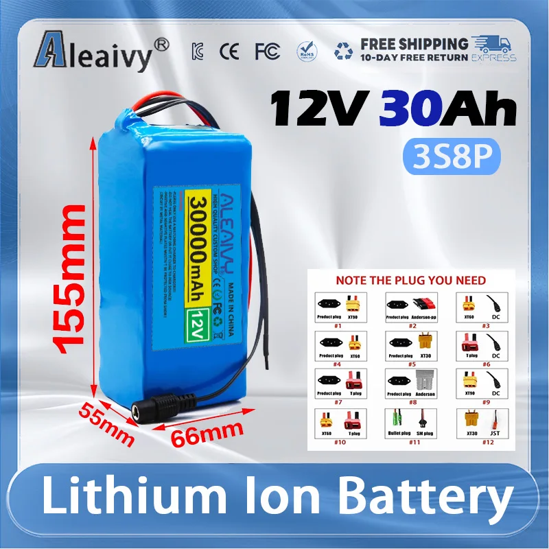 

【100% новинка】Литиевый аккумулятор 12 В, 30000 мАч, 18650, с опцией BMS для инверторного шахтера, защита от перезаряда/защиты от короткого замыкания