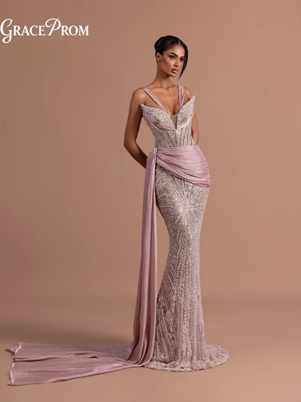 

Elegant V Neck Beaded Evening Gown 2026 Luminous Majestic Corset Flowing Sash Mermaid Party Dress For Wedding Guests فساتين سهرة