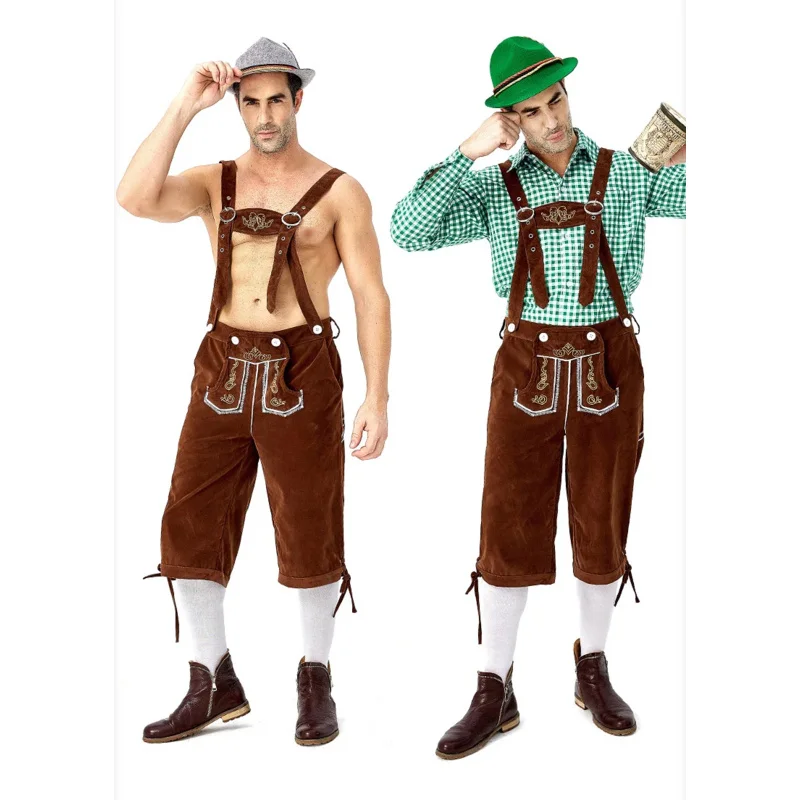 Adults Oktoberfest German Bavarian Shorts Outfit Overalls Shirt Hat Suspenders Short Set Halloween Costume Men Costumes Clothing