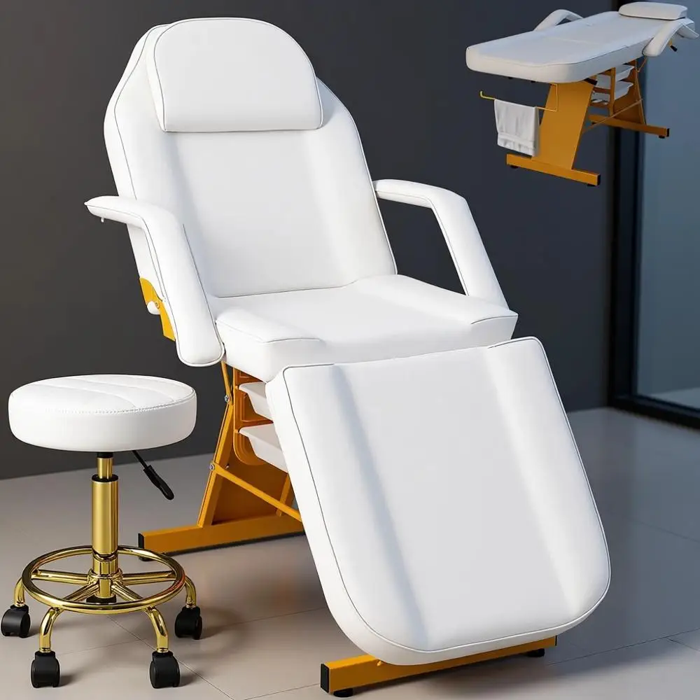 

Luxury Adjustable Esthetician Tattoo Chair with Multi-Pose Options and Lash Wax Bed in White Gold