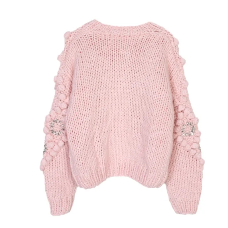 Knitted cardigan women Retro 2025 autumn/winter casual loose single breasted dimensional hand hook drill  jacket basic Simple