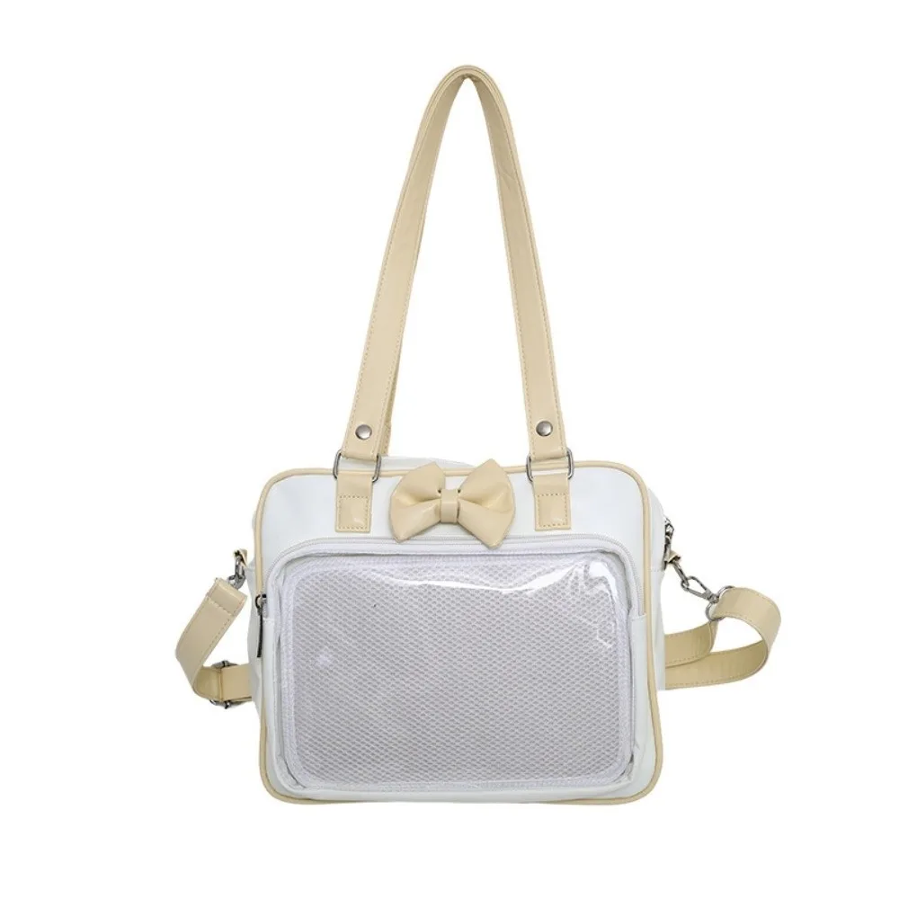 

Double Handle Leather Clear Ita Bag Smooth Zipper Structured Shape JK Uniform Tote Detachable Strap Mesh Layer