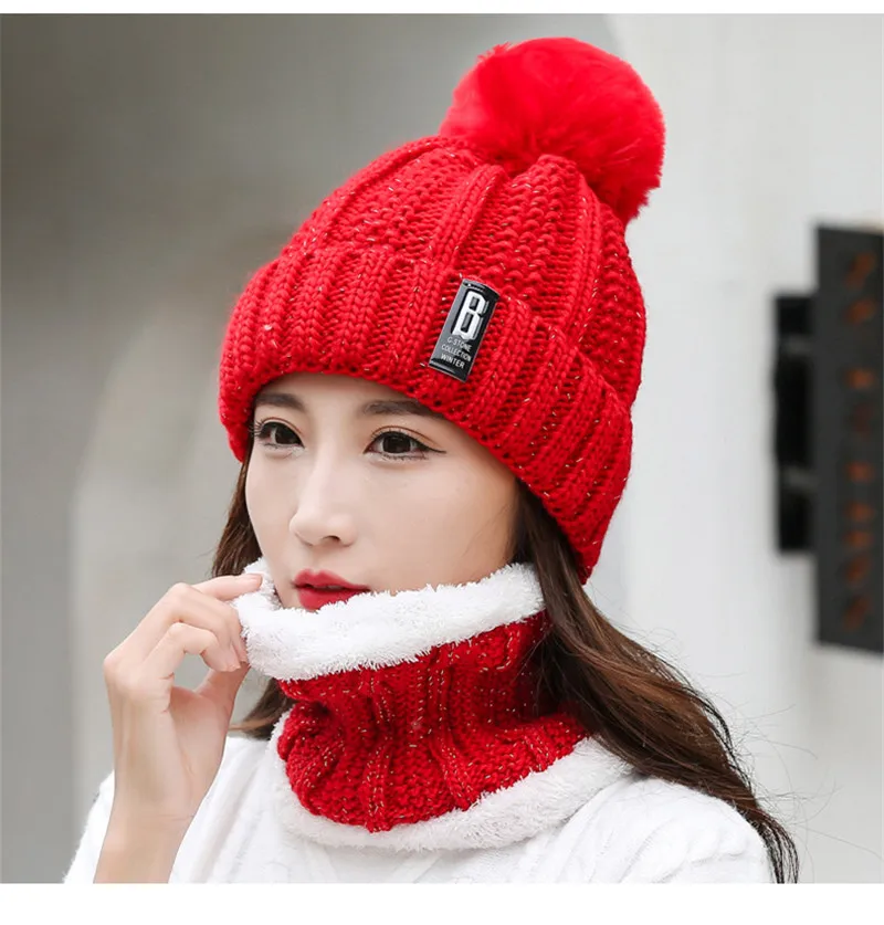 Winter Hoed Womens Beanie Hoeden Dikke Warme Skullies Winter Vrouwen Gebreide Muts B Brief Bonnet Beanie Cap Fietsen Hoed Sjaal 2Pc Sets