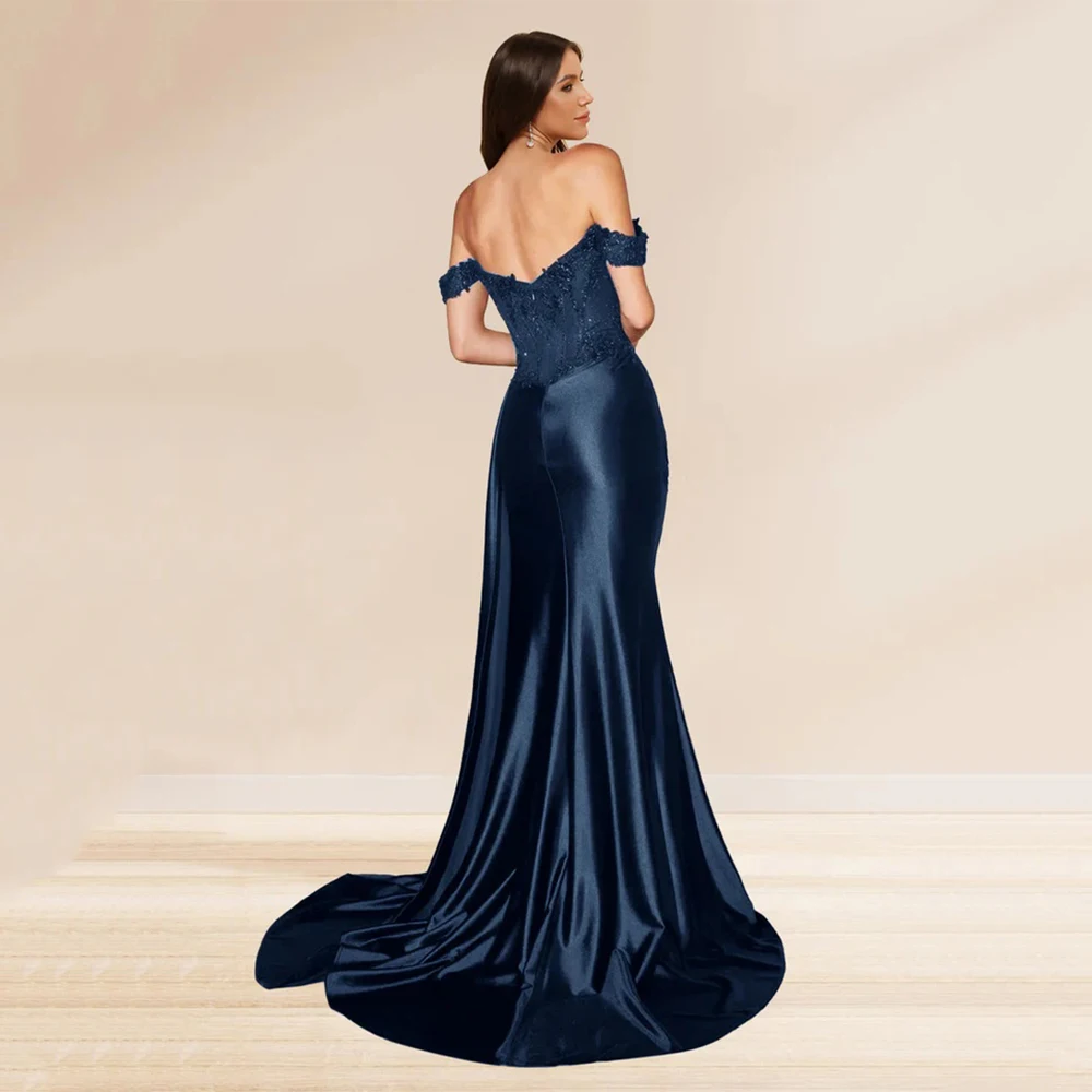 High Quality Sexy Evening Dresses Satin for Floor-Length Off the Shoulder Prom Dress Appliques Slit Robes De Soirée Customized