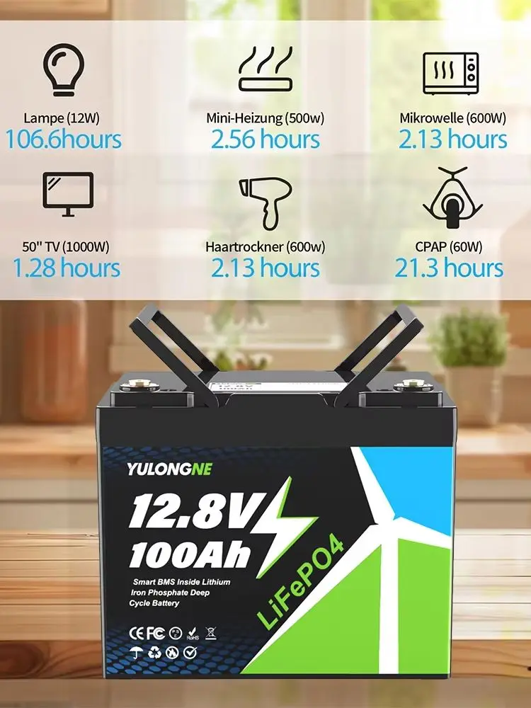 YULONGNE 12V 100Ah LiFePO4 Batterie 12,8V 300AH Wiederaufladbare Lithium-Batterie mit BMS-Schutz 1280Wh Energiespeicherbatterie für Marine, Wohnmobile, Solaranlagen EU steuerfrei