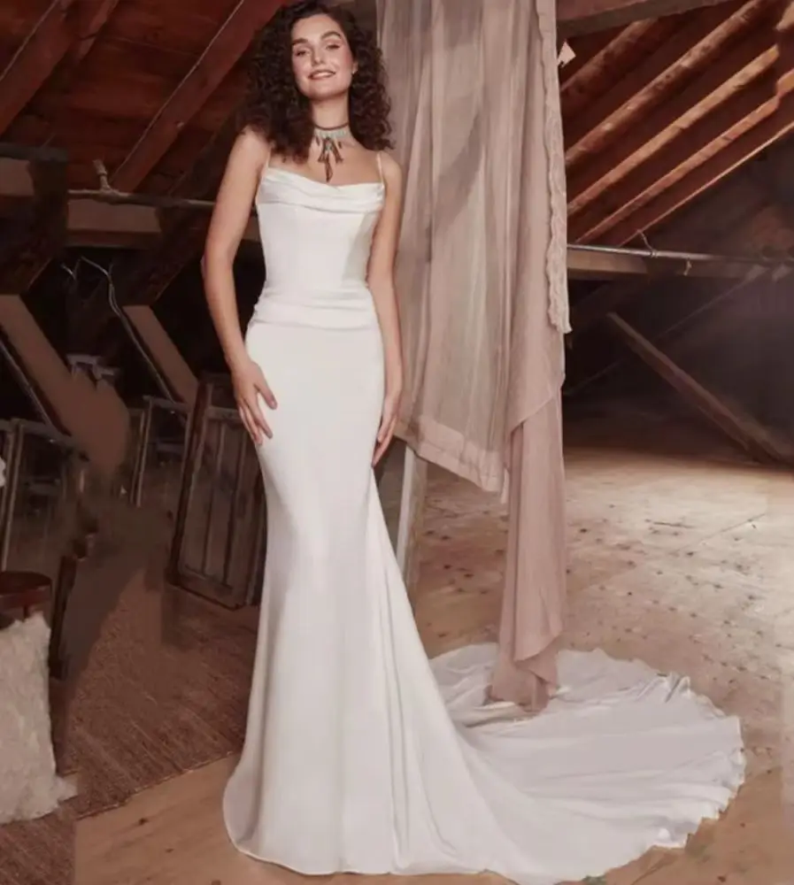 OUSIRUI فستان زفاف مثير بحورية البحر وسحاب وزر جديد بأشرطة سباغيتي فستان زفاف بدون حمالات مزين بالدانتيل فيستدو دي كاسامنتو.