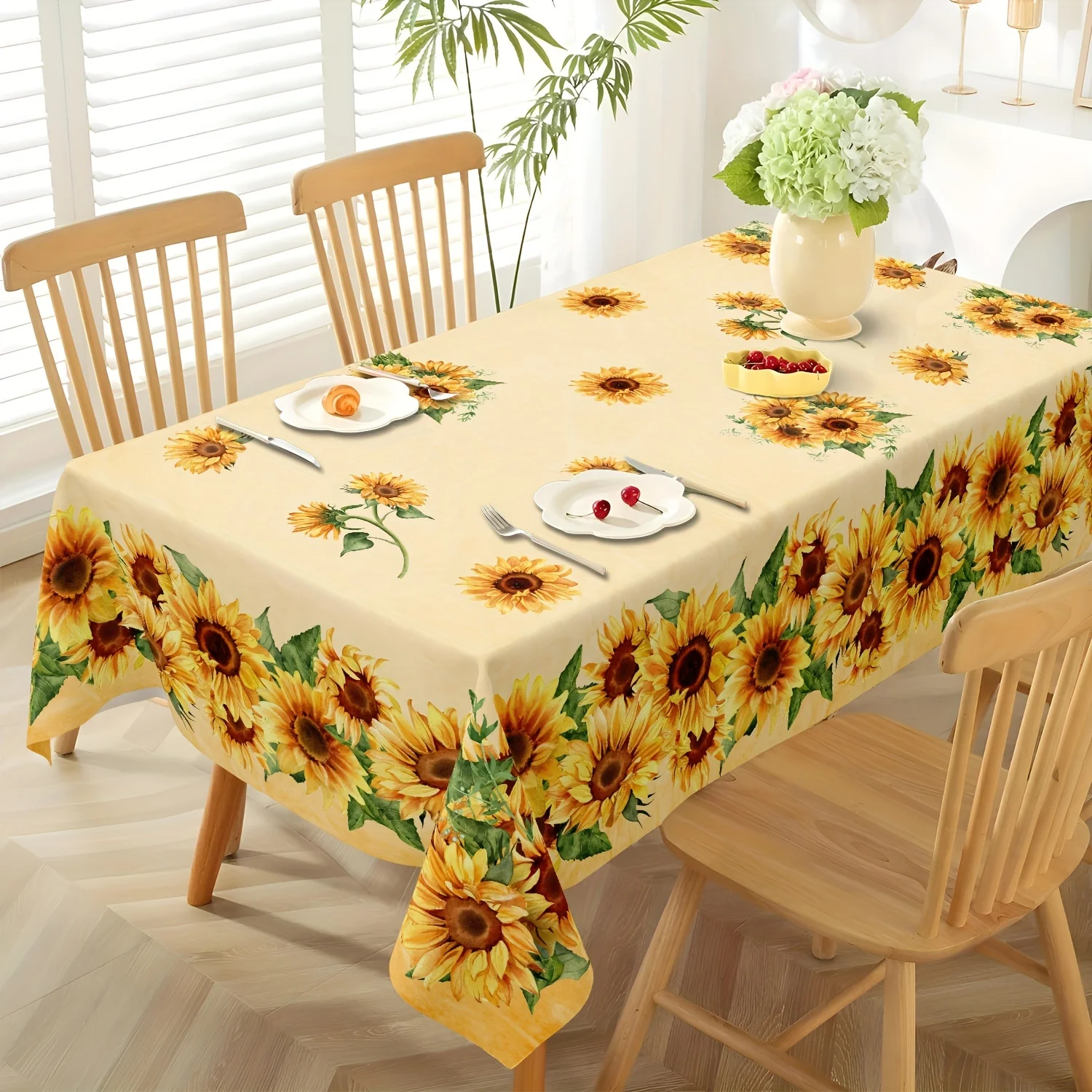 Mantel rectangular de girasol de acuarela, decoración del banquete de boda, manteles de hojas florales de verano, mesa de comedor de cocina, decoración del hogar