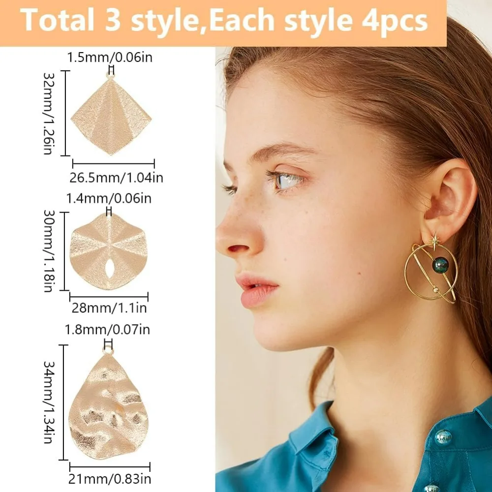 12 Pcs 3 Styles Brass Textured Charms, Real 18K Gold Plated Flat Teardrop Pendants Rhombus Polygon Charms Stamping Concave Tag