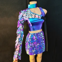 Purple Mirrors Outfit Single Sleeve Laser Top Sequins Skirt Women Group Party Jazz Dance Costume Stage Performance Wear XS6762