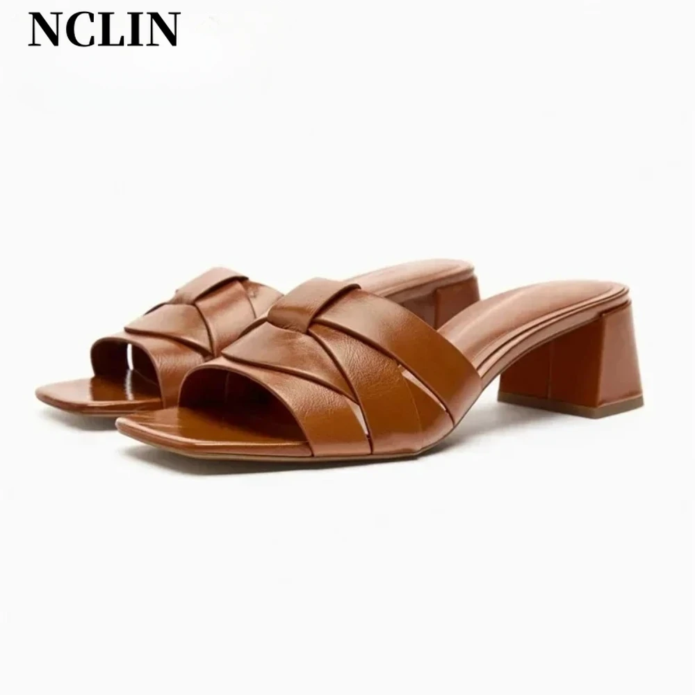 

NCLIN New Women Genuine Leather Thick High Heeled Sandals Elegant Outsoor Slippers Party Wedding Summer Shoes Woman Prom Pumps