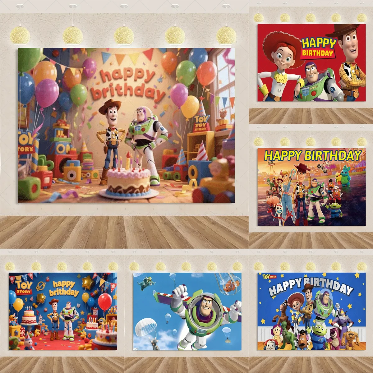 

Disney Toy Story Birthday Party Decoration Background Cartoon Buzz Lightyear Woody Happy Children Gift Banner Photo Shoot Props