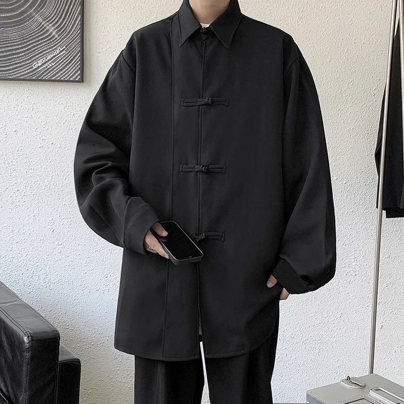 

k Long Sve Men's irt Buttoned Chinese Sle Loose Fit Casual Wear Polyester Fiber Pure Color Youth Faion Autumn Wear