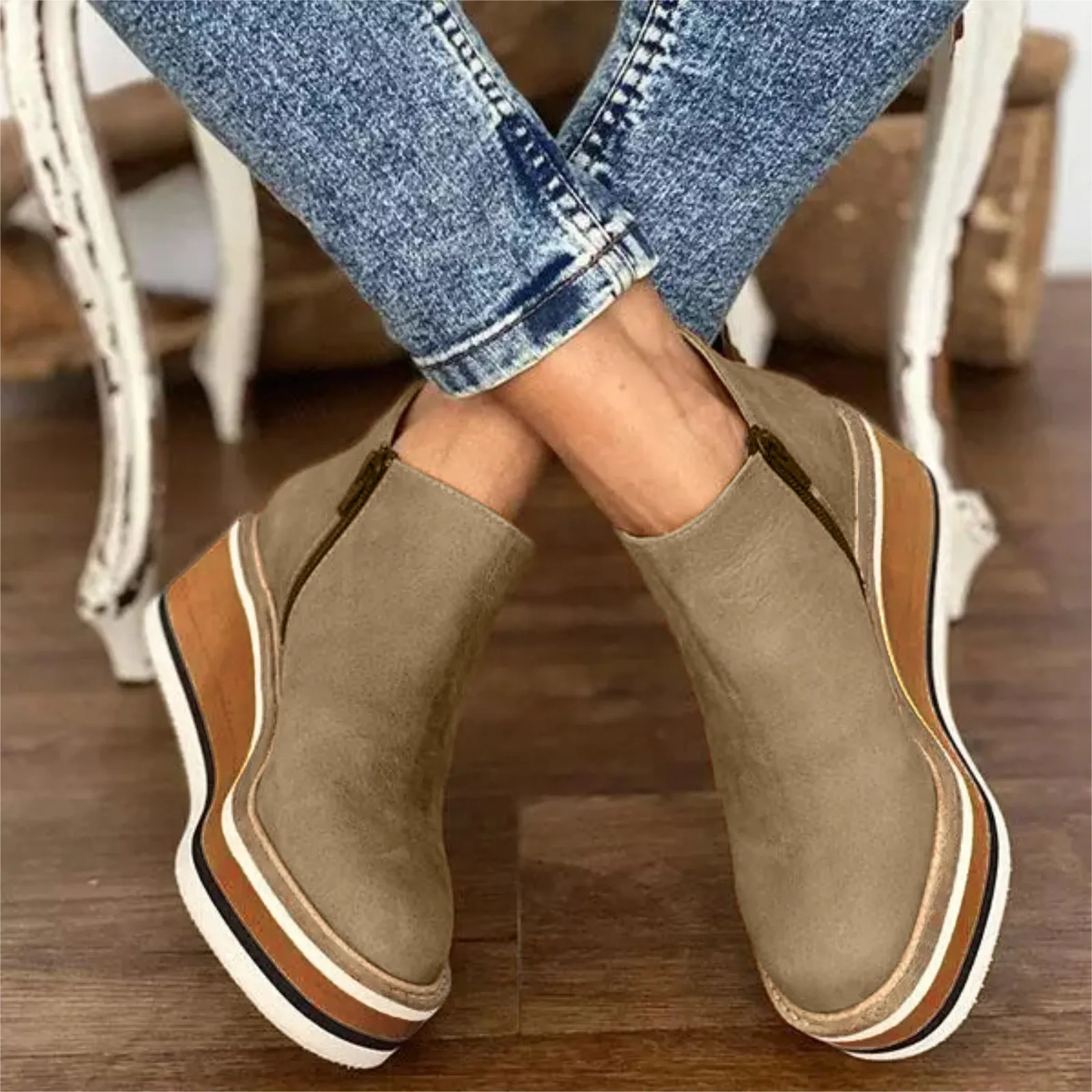 Platform Ankle Boots Wedge Heel Fashion Plus Size Women\'s Solid Side Zipper Boots Wedges Casual Autumn Winter Daily Booties