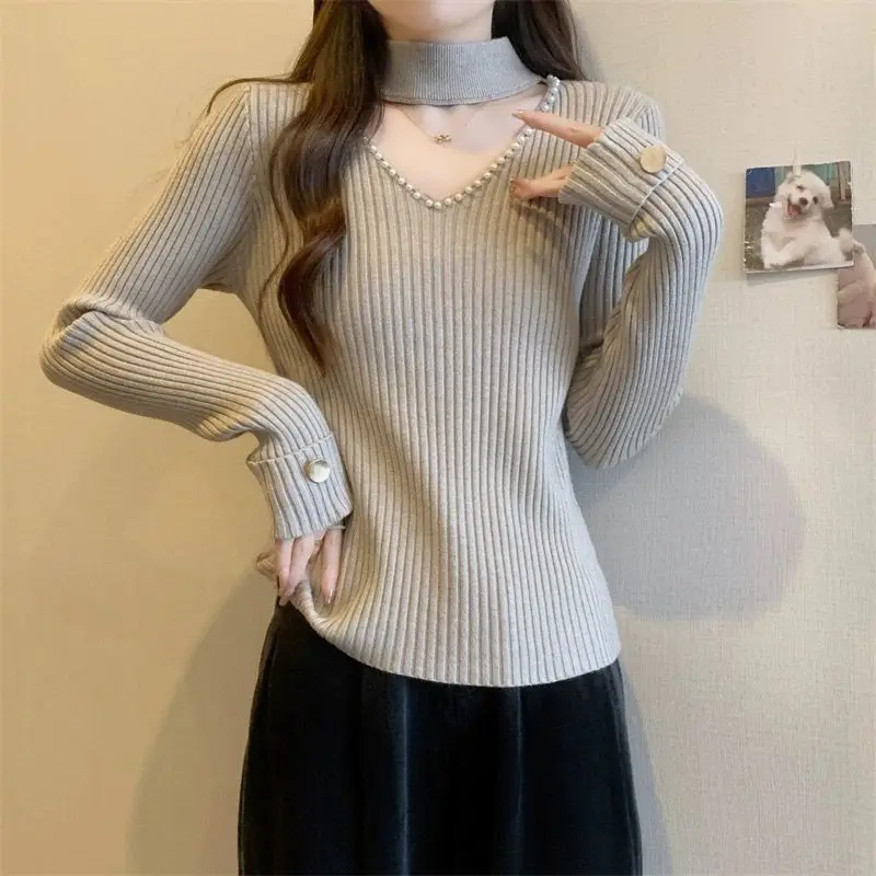 

Вязаные свитера с вырезами для женщин, трендовая молодежная одежда с длинными рукавами и бисером, распродажа, модный облегающий женский пуловер 2025 года