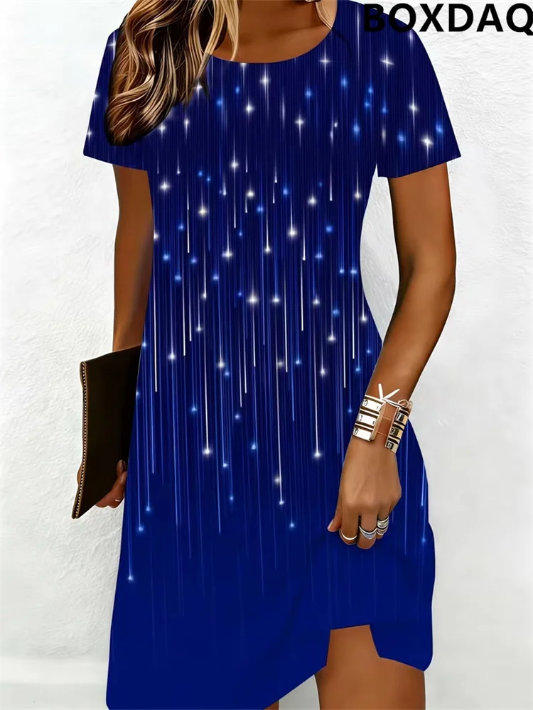 Gradient 3D Printed Women's Dress Summer Loose Round Neck Short Sleeved Dresses Fashion Comfortable And Casual Women's Clothing