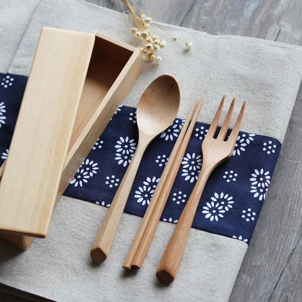 

Portable Wooden Tableware Set 1Set Japanese Style Spoon Chopsticks Fork with Case Safe for Office School Lunch Trips