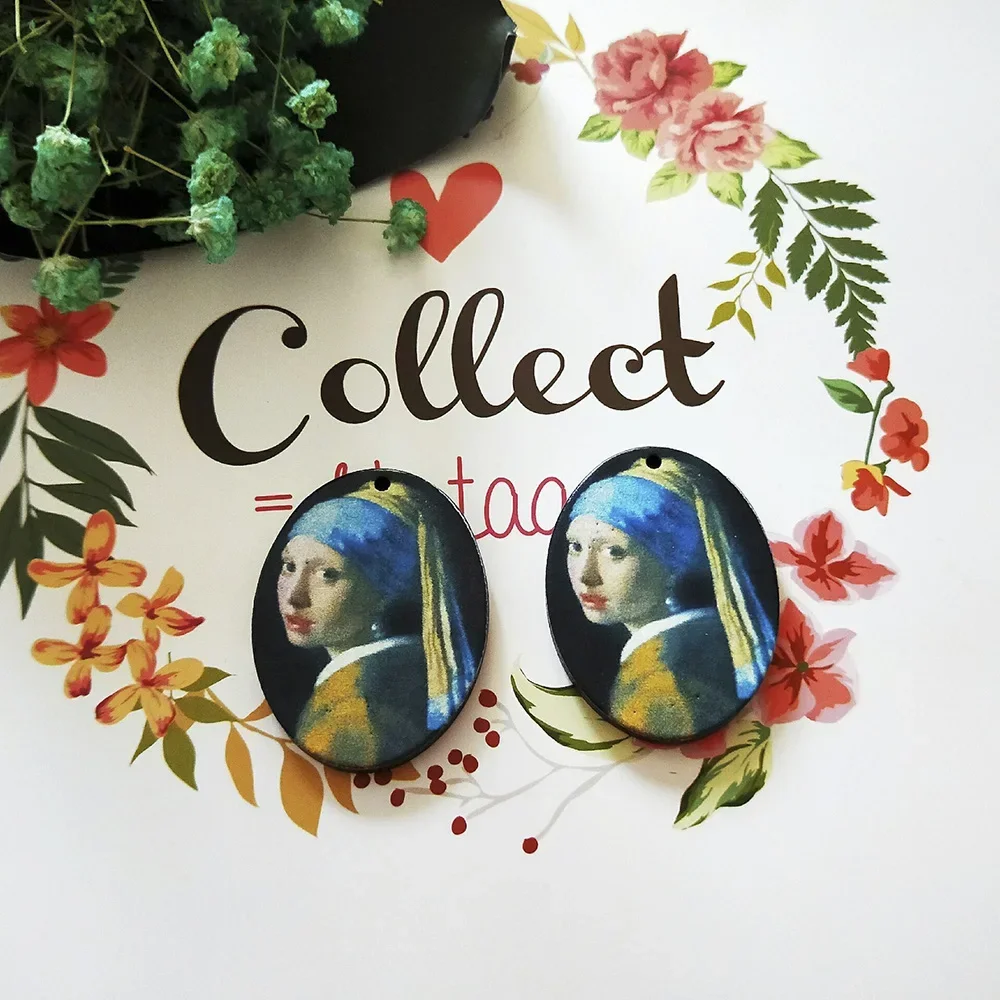 Vintage Renaissance Oil Painting Wood Earrings Girl Portrait Personalize Geometric Oval Wood Art Earrings for Woman Girl Jewelry