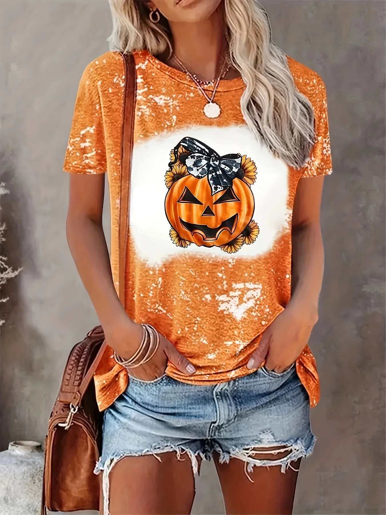 Halloweenowa koszulka damska z nadrukiem dyni i ducha Plus rozmiar koszula z krรณtkim rฤkawem bluzka krรณtki top letnia odzieลผ damska moda