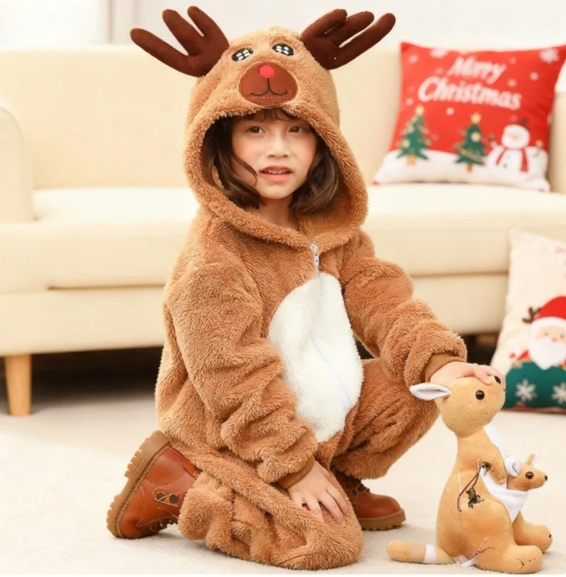 

Christmas Parent-Child Animal Costume Reindeer Elk Cosplay Soft Coral Fleece Family Loungewear Set