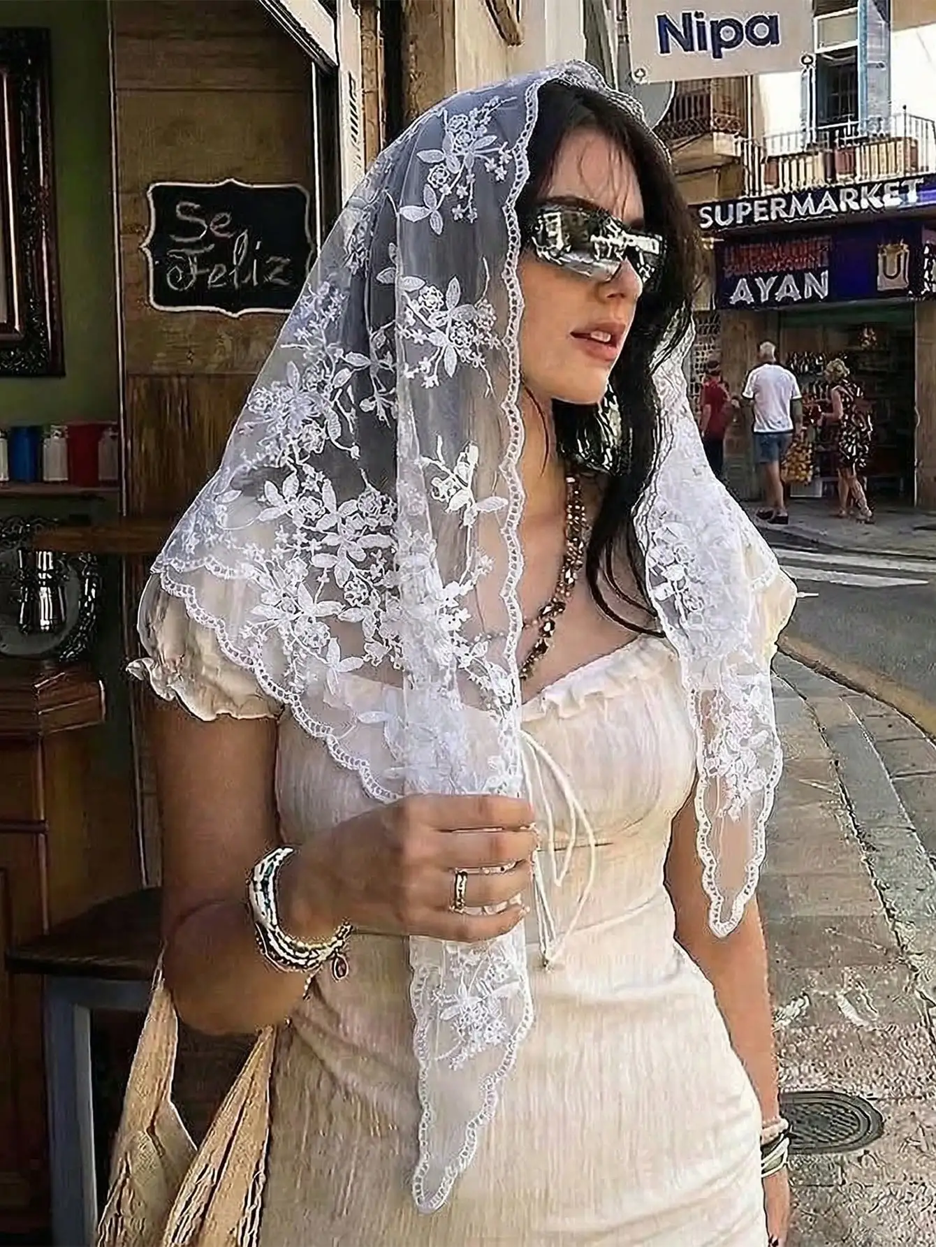 

1pc Women's Solid Color Elegant Lace Floral Headscarf, Luxury Bohemian Hijab/Shawl, Suitable For Daily Wear, Weddings, Churches, Formal Events, Summer Beach Vacation