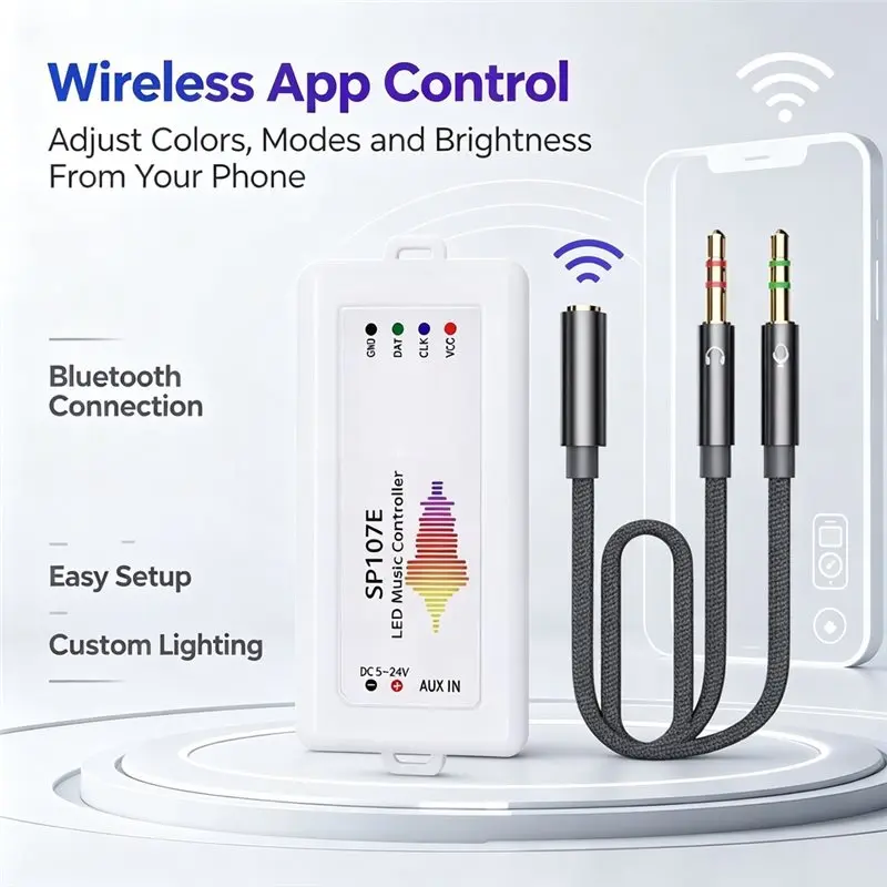 Super Deal -SP107E DC5-24V LED Music Controller Wireless SPI Full Color Control Via Phone App With Bluetooth, For WS2812B, 1 Set