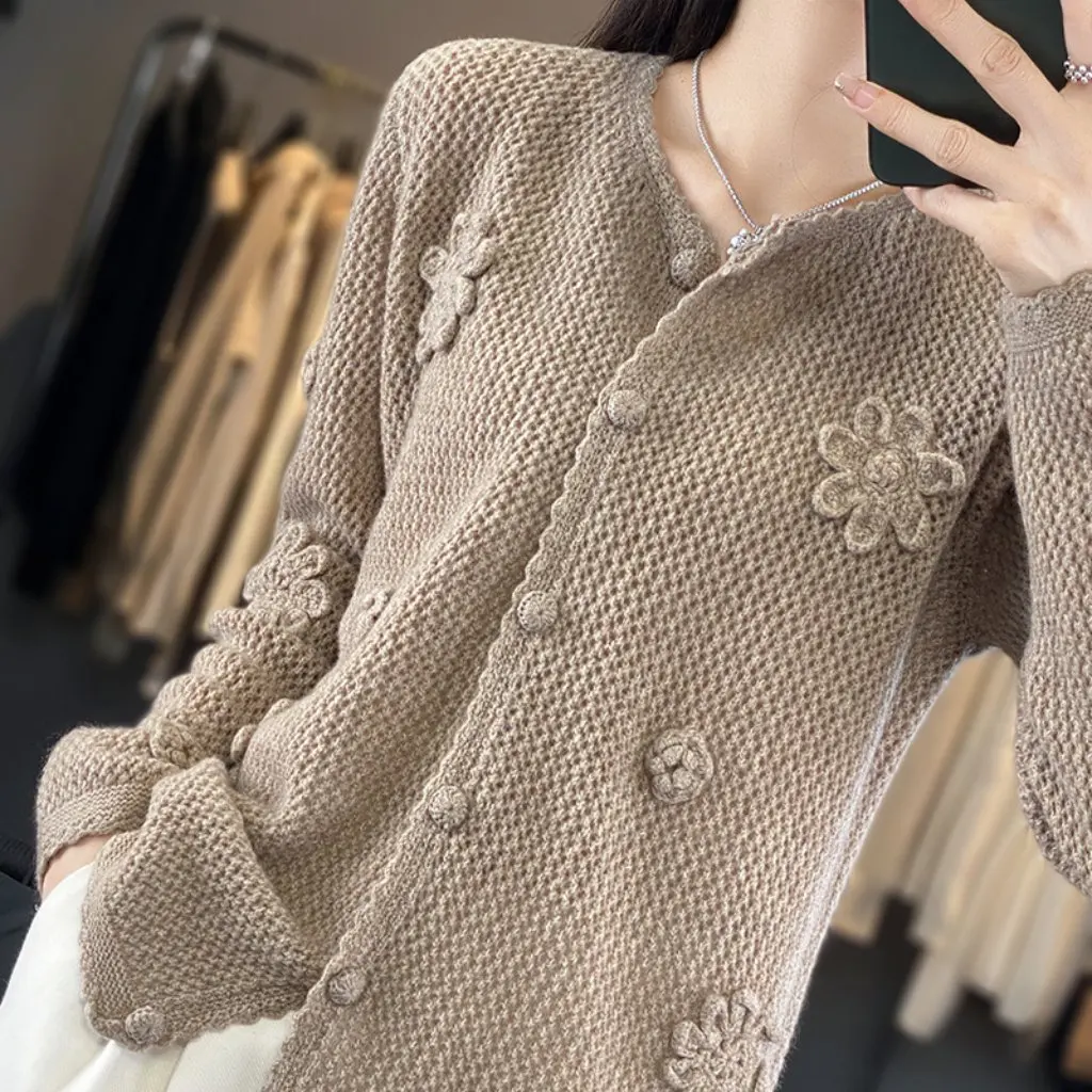 

Women's Long-Sleeved round Neck Wool Sweater Hollow Crochet Cardigan Autumn Winter Loose Fit Solid Color Knitted Jacket