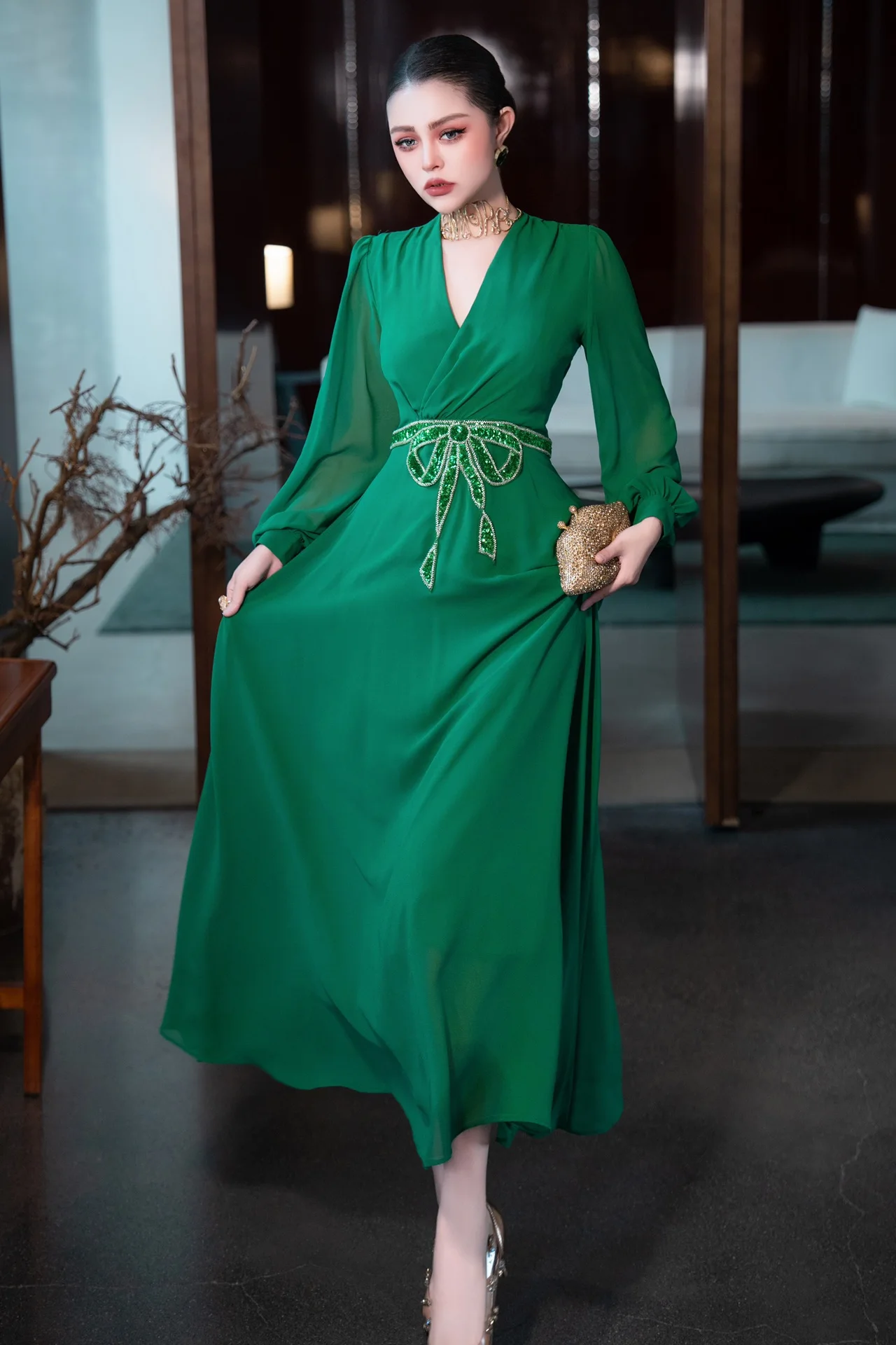 ZJYT Runway 2025 Spring Beading Long Dresses for Women Elegant Designer V Neck Green Party Holiday Dress Female Vestidos