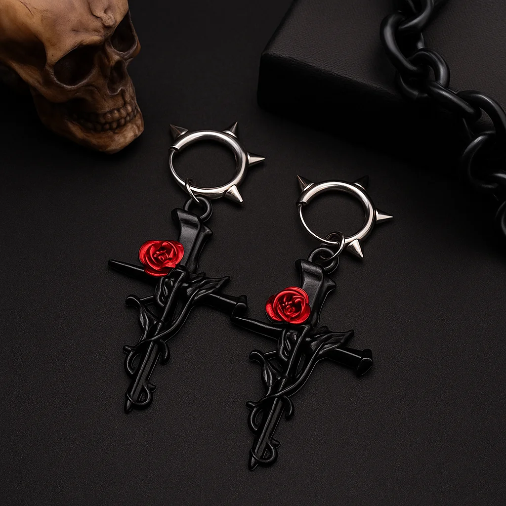 Gun-black Cross Rose Earrings Gothic Halloween Happy Night Rock Hip Hop Jewelry Earrings