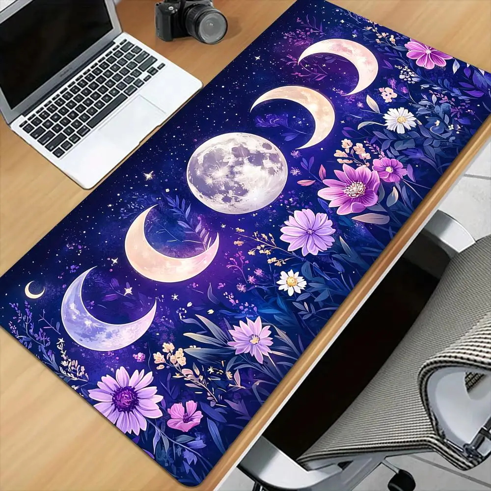 Purple flowers and moon phase Mouse Pad Desk Mat with Stitched Edge XXL Mousepads Rubber Anti-slip Gamer Keyboard Rug Gaming Mat