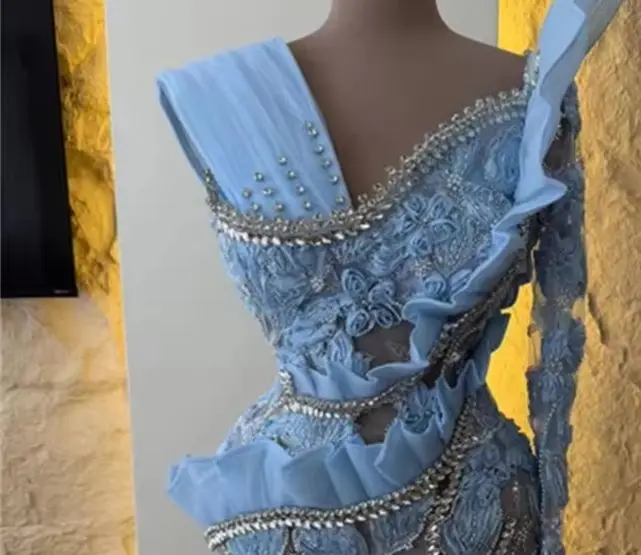 Romantic Flowers Lace Prom Dress Blue One Shoulder Sleeve 3D Appliques Mermaid Evening Party Gown Red Carpet Dresses Customized