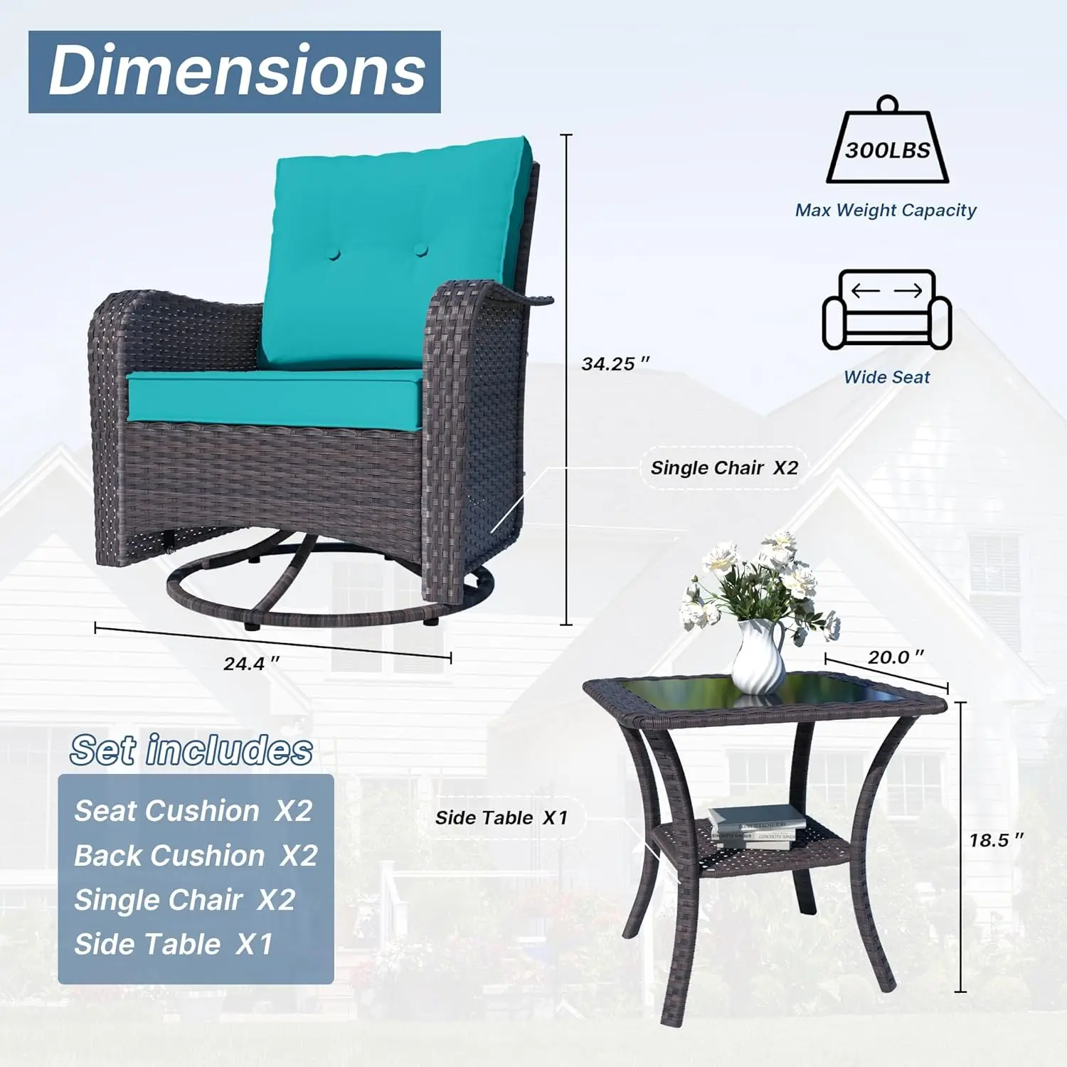 Outdoor Rattan Rocker Furniture Set, Gliders giratórios, Pátio de vime, Bistro Set, Rattan Rochair com vidro temperado lateral, 3 pcs