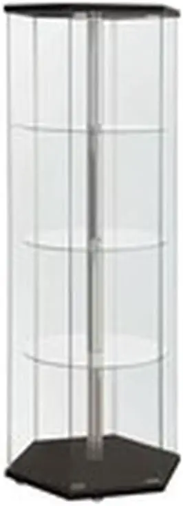 Bowery Hill sechseckige runde Ecke 4 Regal Glas Curio Schrank Vitrine in Schwarz und Chrom