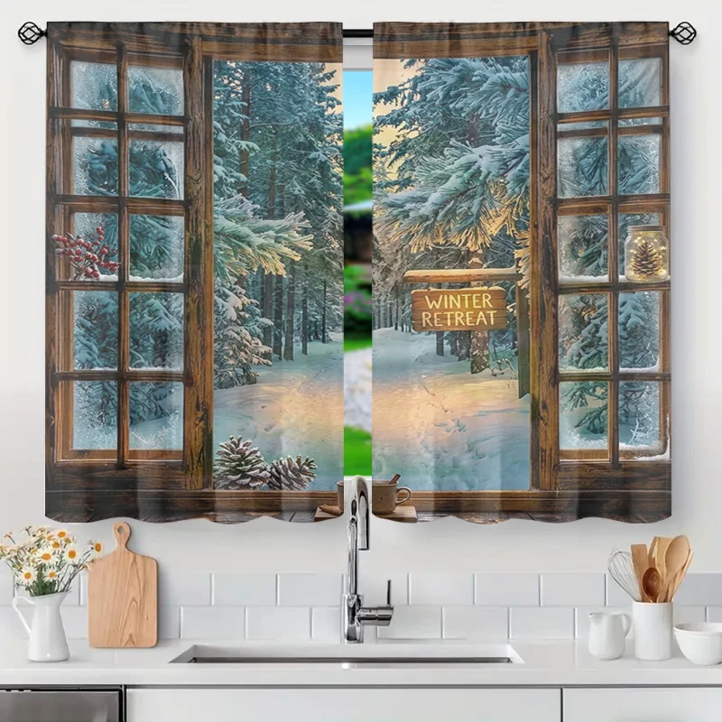 Decorative Translucent Snowy Winter Forest Curtain Window Dressing Rustic Cabin Landscape Nature Themed Drapes Sheer Light Filte