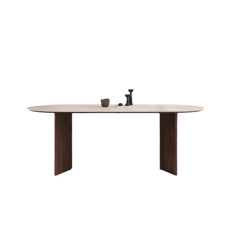 Modern simple wabi-sandy wind solid wood small apartment travertine rock slab dining table