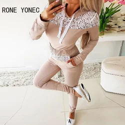 Women Casual Long Sleeves Tape  Lace Patchwork Elastic waist Sporty  Shinny Pants Sets