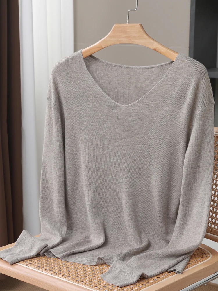 2024 New Women's V-neckBasic Pullover Sweater For Spring Summer Thin Soft Loose Long Sleeve Shirt 30% Merino Wool Knitwear Tops