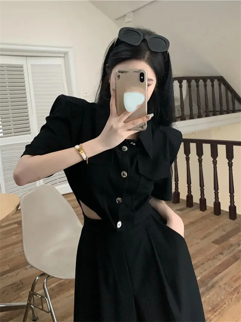 

French Black Dress For Women in 2025 Summer New Style Hollow Waist Design Long Slim A-line Skirt Little Black Dress Sweet and Sp